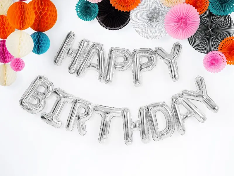 Air-filled Banner Balloon "Happy Birthday" - silver